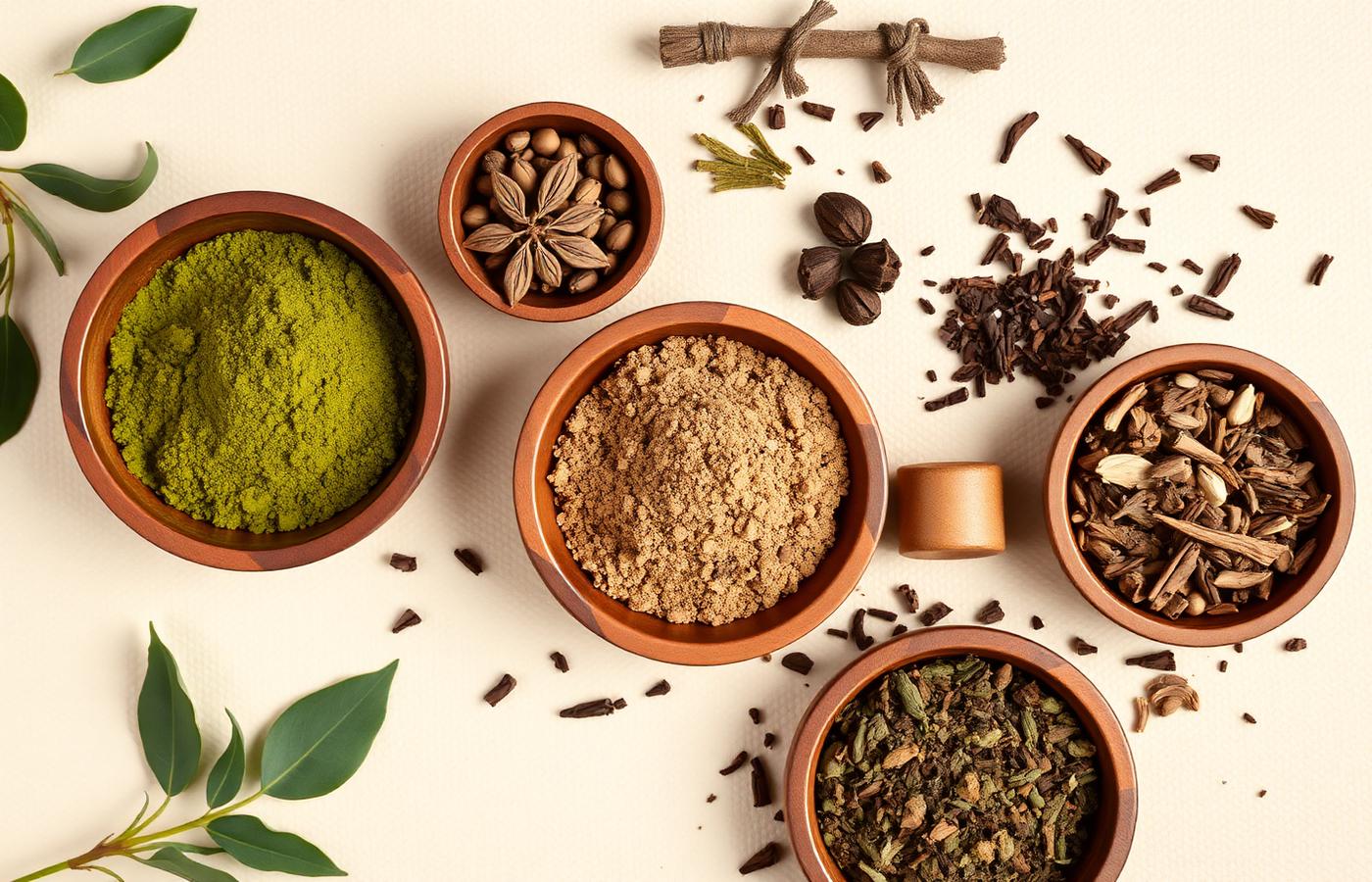 Ayurvedic herbal powders in wooden bowls